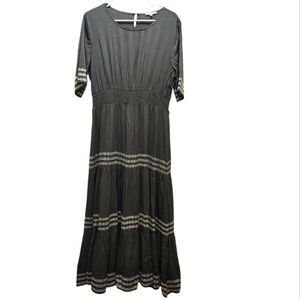 Tea N Rose Olive Green Gray Boho Peasant Praire Maxi Dress Size L